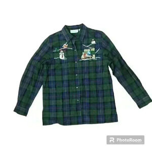 Vintage Plaid Christmas Snowman Embroidered Shirt size Medium Ugly Christmas